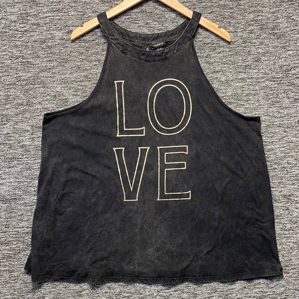 Torrid Womens Size 2 2X Black Mineral Wash LOVE Graphic High Neck Tank Top